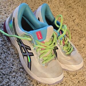 Girls Asics White and Aqua Shoes with Lime Laces